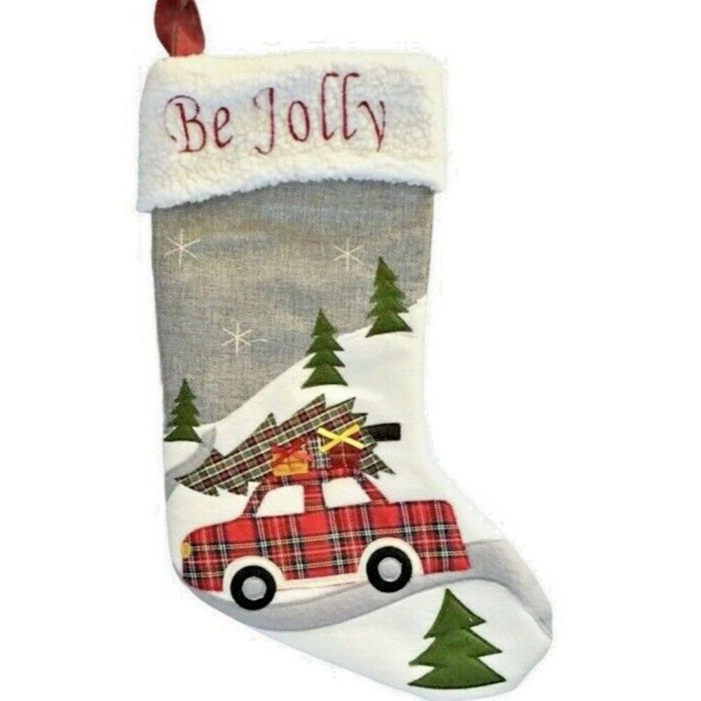 Red Farm Truck Christmas Stocking Tree Plaid Appliqued Embroidered Be Jolly